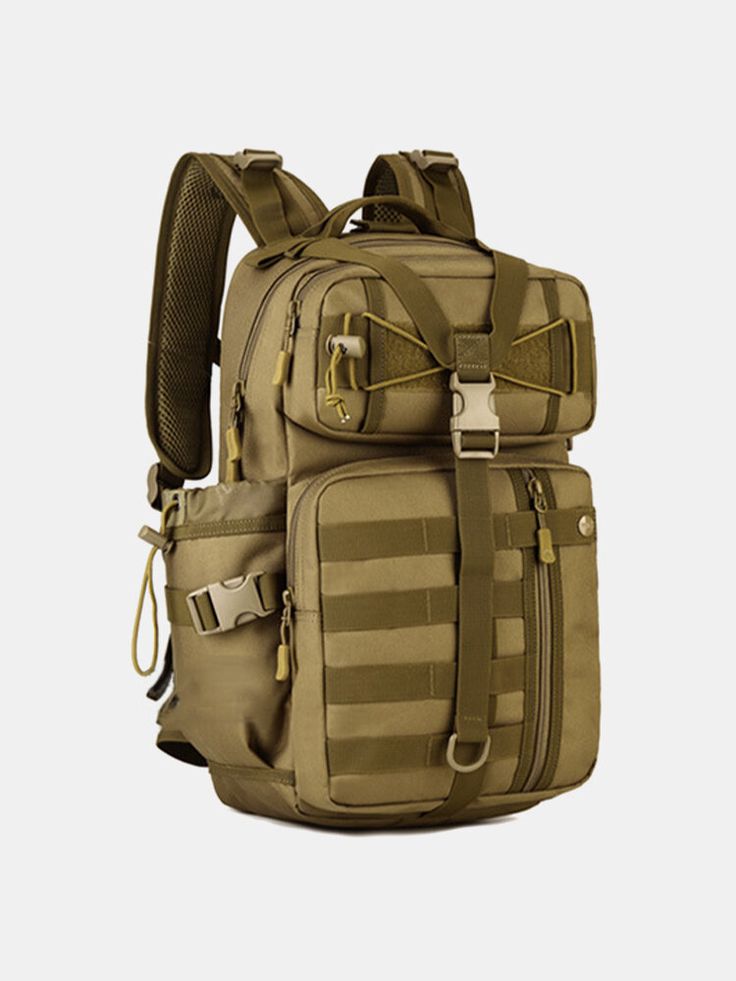 a large backpack with multiple compartments on the front and back side, in tan color