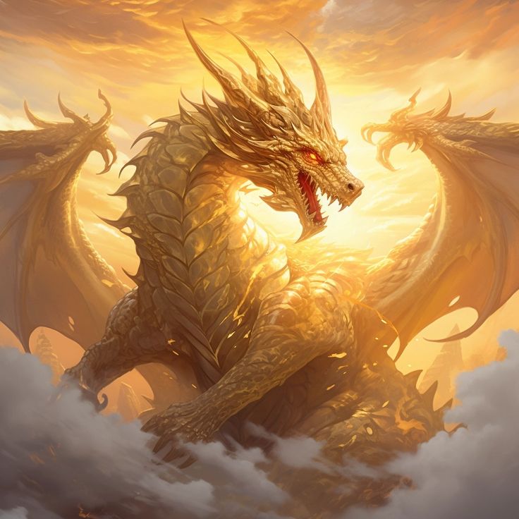 a golden dragon sitting on top of a cloud filled sky