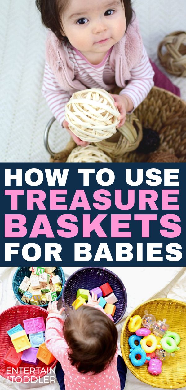 two toddlers playing with toys in baskets and the words how to use treasure baskets for babies