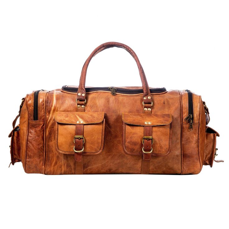 Trustpilot This weekender duffle bag has four big pockets in the exterior with buckle closure. This travel bag is made of genuine goat leather which gives it a rustic look which is for everyone who is looking for something heavy-duty but with good looks. This bag has three compartments, one big compartment for all your clothes and shoes, two small compartments with a zipper for all of your accessories. Salient Features Color: Light Brown Heavy handle and adjustable shoulder strap Genuine goat le Brown Travel Bag With Pockets, Brown Leather Duffle Bag With Pockets, Rectangular Duffle Bag With Pockets For Trips, Vintage Travel Bag With Multiple Pockets, Leather Travel Bag With Pockets, Rugged Adventure Bag With Pockets, Leather Duffle Bag With Pockets For Overnight Trips, Brown Duffle Bag With Pockets For Travel, Rectangular Weekender Bag With Pockets For Trips