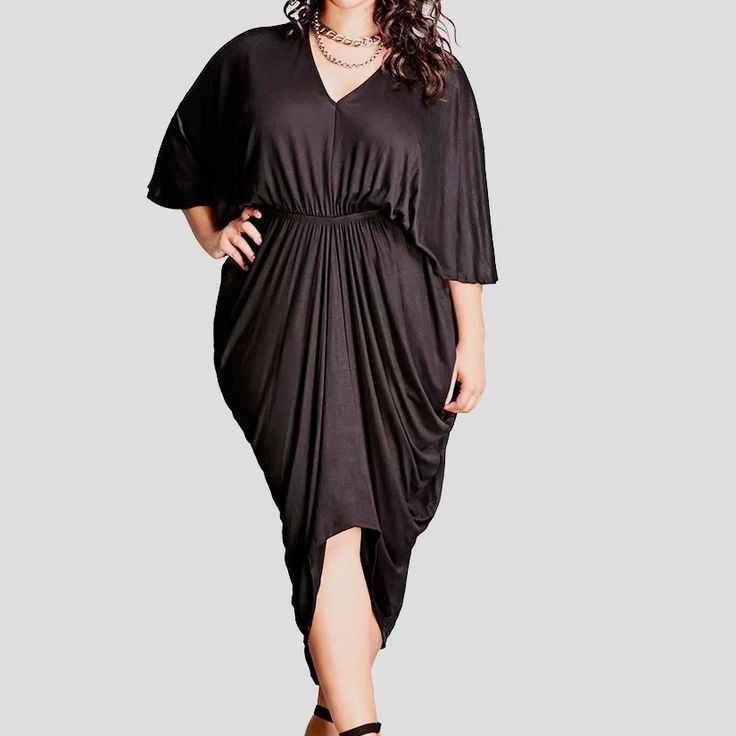 This Is A Gorgeous Dress. Very Comfortable! Chic Black Draped Midi Dress, Black Draped Maxi Dress For Spring, Black Draped Dress For Spring, Black Draped Midi Dress For Summer, Black Flowy Dress, Big Size Dress, Outfits 2017, Pleated Midi Dress, Plus Size Womens Clothing