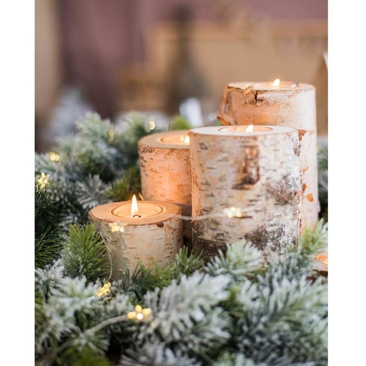 several lit candles sitting on top of a table covered in evergreen branches and pine cones