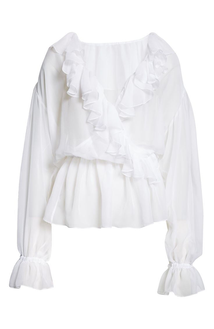 Lavish ruffles frame the wrap silhouette of this beguiling top crafted in Italy of gossamer silk chiffon. Surplice V-neck Long sleeves with elastic cuffs Elastic waist 100% silk Dry clean Made in Italy Designer Clothing Elegant Chiffon Blouse With Ruffles, Chiffon Ruffle Blouse For Wedding, Chic Ruffled Silk Chiffon Blouse, Feminine Silk Ruffled Blouse, Feminine Silk Blouse With Ruffles, White Silk Top With Ruffles, Elegant Draped Ruffle Blouse, Formal Chiffon Blouse With Ruffles, Draped Blouse With Ruffles