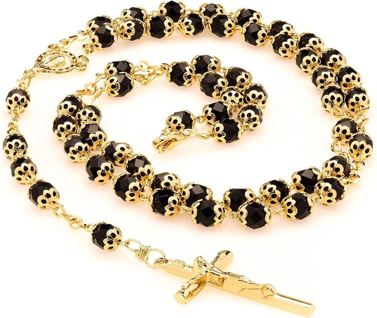 Rosary Necklace Black Crystal Prayer Beads 24K Real Gold Plated Black Necklaces With Round Gold Beads, Elegant Gold Beads With Black Details, Gold Jewelry With Round Black Beads, Gold And Black Beads As Gift, Gold And Black Beads Gift, Gold Beads With Black Details As Gift, Yellow Gold Necklace With Black Beads For Gift, Yellow Gold Necklace With Black Beads As Gift, Gold Jewelry With Black Beads As A Gift