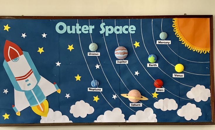 an outer space bulletin board with planets, stars and rockets in the sky on it