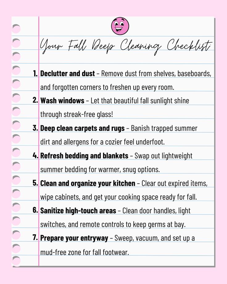 a pink lined paper with the words your fall recipe cleaning checklist