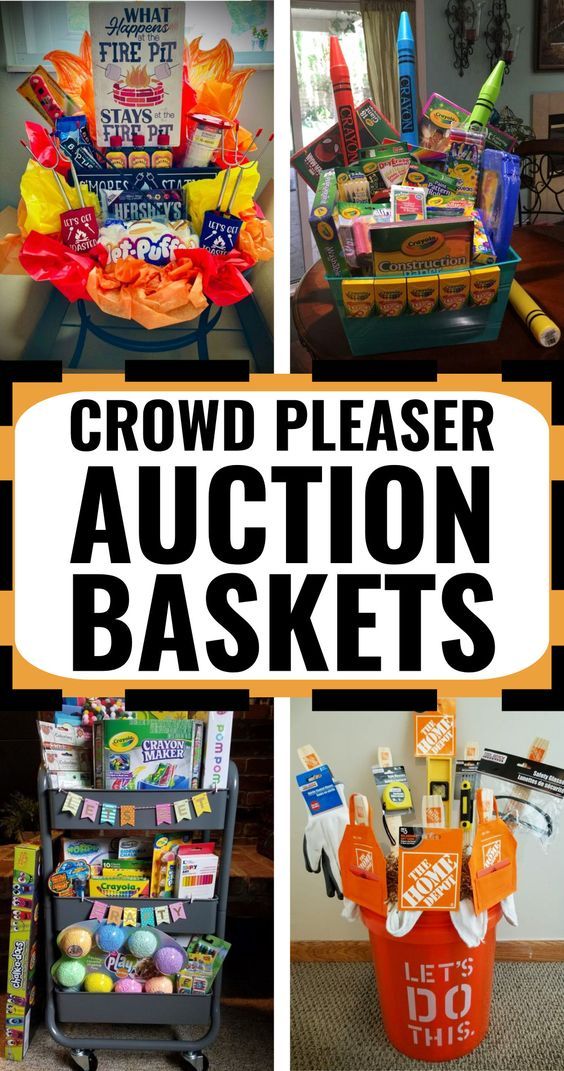 several different baskets with the words crowd pleaser auction baskets