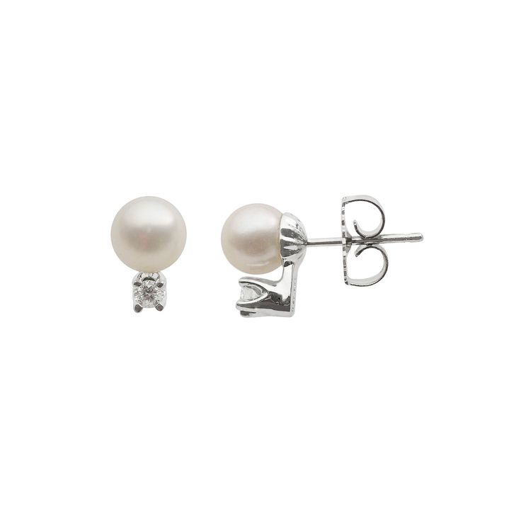 Add timeless beauty to any ensemble with these AA Akoya cultured pearl and diamond stud earrings.Earring Details: Length: 9.4 mm Backings: post Metal: rhodium-plated 18k white goldCultured Pearl Details: Type: Akoya Shape: round Size: 6-6.5 mm Color: whiteDiamond Details: Total weight: 1/10 ct. Cut: round Color: G-H Clarity: SI2 Setting: prongImage(s) may be enlarged to show detail.Diamond weights are approximate. Diamond total weights may vary between .01 and .08 ct. Some diamonds have fewer th Elegant White Gold Diamond Earrings With Tension Setting, Elegant White Gold Earrings With Tension Setting, Elegant Wedding Diamond Earrings With Tension Setting, Elegant Diamond Earrings For Anniversary With Tension Setting, Classic White Gold Diamond Earrings With Akoya Pearls, Elegant Diamond Earrings With Tension Setting, Classic White Pearl Earrings With Diamond Accents, Timeless White Gold Pearl Earrings With Brilliant Cut, Timeless Pearl Earrings With Cubic Zirconia For Anniversary