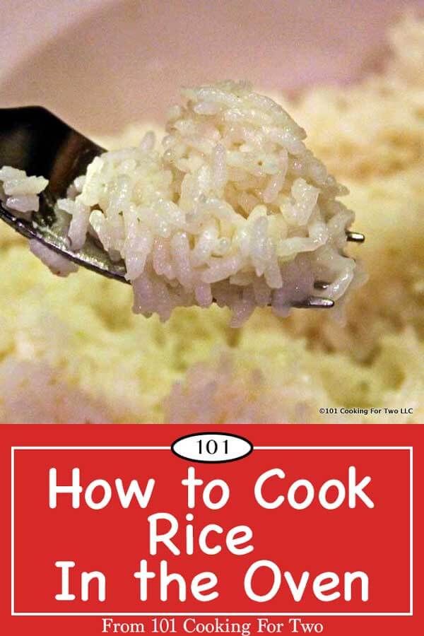 a spoon full of rice with the title how to cook rice in the oven