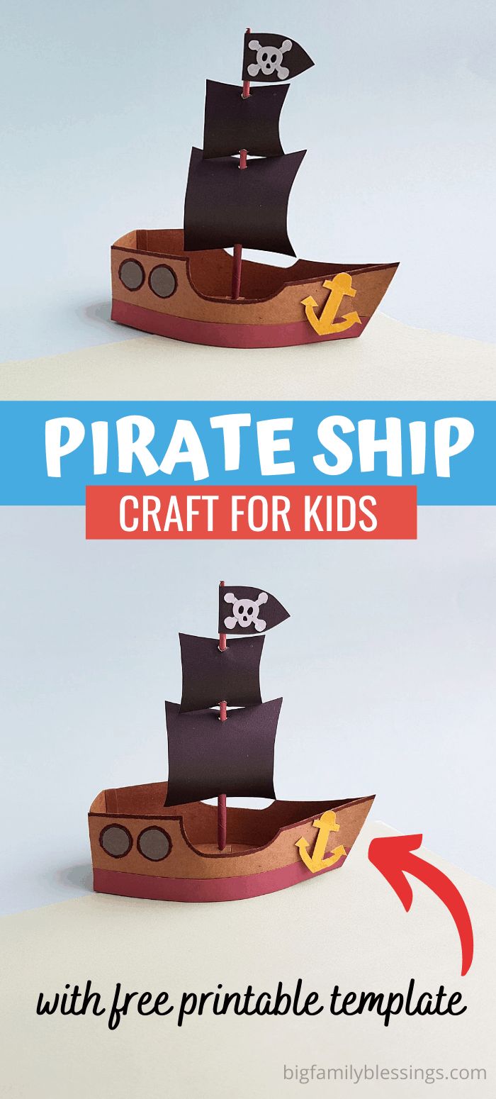 a pirate ship craft for kids with free printable template on the front and side