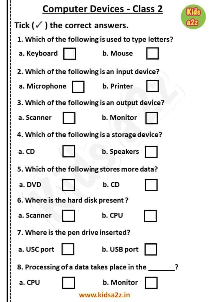 worksheet for computer devices class 2 with answers and answer sheet in english or spanish