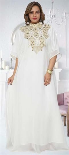 White and Off White color Kaftan in Georgette fabric with Embroidered, Thread work Festive White Kaftan With Resham Embroidery, Festive White Kaftan For Eid, Festive White Embellished Kaftan, Festive Embellished White Kaftan, Festive White Kaftan, White Intricately Embroidered Festive Kaftan, Festive White Intricately Embroidered Kaftan, White Embroidered Border Kaftan For Wedding, White Resham Embroidery Kaftan For Wedding