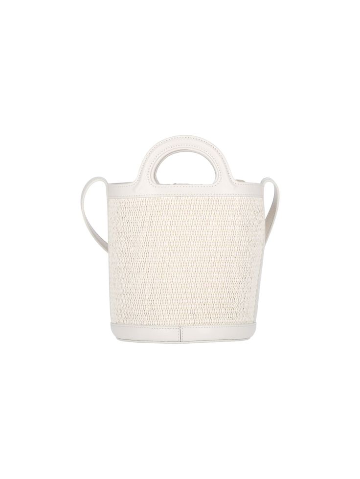 52% Cotton, 48% Polyamide Designer Summer Bucket Bag, Designer Summer Bucket Bag For Vacation, Designer Summer Vacation Bucket Bag, White Shoulder Bag With Bamboo Handle For Shopping, White Bamboo Handle Shoulder Bag For Shopping, Leather Straw Bag With Top Carry Handle For Vacation, Designer Shoulder Bag For Summer Beach, Elegant Leather Vacation Bags, Elegant Leather Bags For Vacation