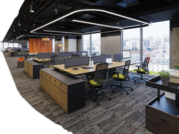 an office with desks and chairs in the middle of it, overlooking a city