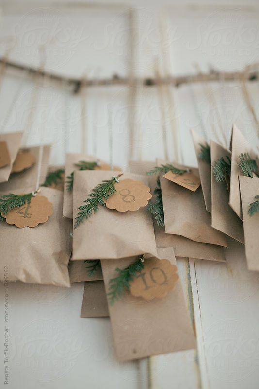 some brown paper bags with tags and pine branches on them by jodi lenski for stocksy photography