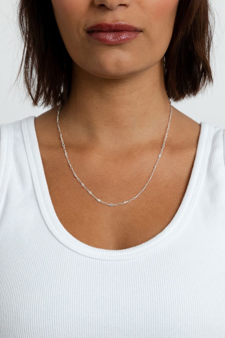 Life is too short to wear boring jewelry. With Harlow, you get the classic feel of a chain necklace, with a modern twist in design. Intricate detailing gives this piece a fresh, luxe feel for everything from cocktail parties to jeans and tees. Add your favorite charm to complete your look. Sterling silver 3mm chain width Available in 3 lengths Classic Satellite Chain Necklace, Delicate Satellite Chain Necklace For Everyday, Trendy Satellite Chain Jewelry For Everyday, Everyday Station Necklace With Satellite Chain, Trendy Everyday Jewelry With Satellite Chain, Everyday Long Silver Chain Necklace, Minimalist Station Necklace With Satellite Chain, Classic Party Chain Necklace, Modern Everyday Jewelry With Satellite Chain