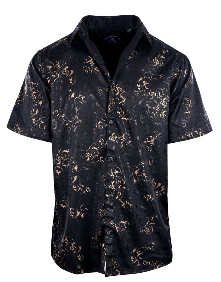 Allover Metallic Floral Sublimation Satin Contrast Fabric Under Collar Matching Dyed Buttons Throughout 97% Polyester 3% Spandex Removable Collar Stays Front Button Closure Classic/ Stretch Fit Dry Clean Only Metallic Fashion, Cowboys From Hell, Rock And Roll Fashion, Removable Collar, Metallic Design, Short Sleeve Jacket, Snake Leather, Fashion Shirts, 3 Am