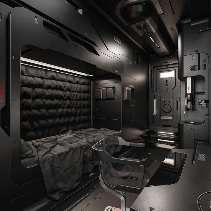 the interior of a futuristic space station with black walls and flooring, including a bed