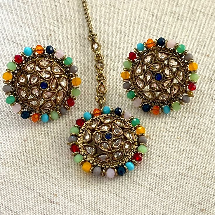 This Is Beautiful Multicolor Indian Polki Earrings With Maang Tihka. Brand New, Never Worn. Traditional Multicolor Round Danglers, Multicolor Kundan Jewelry With Matching Earrings, Multicolor Bollywood Jewelry With Matching Earrings, Bollywood Style Multicolor Jewelry With Matching Earrings, Multicolor Round Danglers With Latkans, Elegant Multicolor Tikka For Festivals, Multicolor Meenakari Round Danglers, Multicolor Round Jewelry Sets For Diwali, Bollywood Style Multicolor Round Jewelry Sets