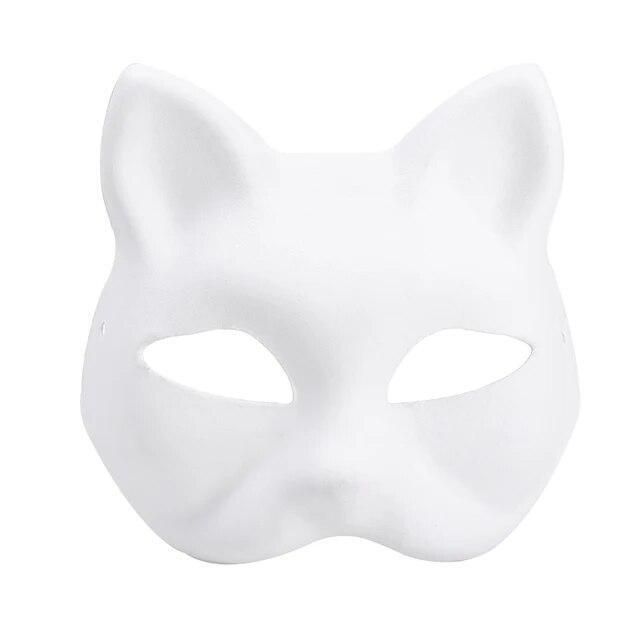 Halloween Cosplay Cat Design Mask, Halloween Masquerade Mask With Cat Design, Halloween Cat Design Masks With Cat Ears, Halloween Cat Design Mask For Costume Party, Halloween Masquerade Masks With Whiskers, Cat Design Costume Accessories For Halloween, White Therian Mask, Therian Mask Base, Plain White Mask