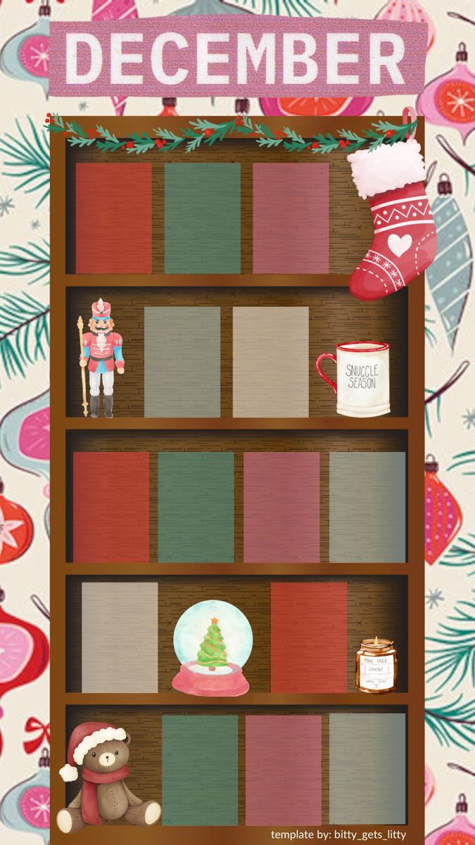 a book shelf filled with lots of books and christmas decorations on top of it's shelves