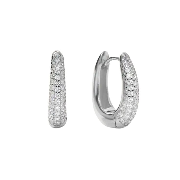 Elevate your style with our Pave Silver U Dome Hoop Earrings, featuring a sleek U-shaped design adorned with shimmering pave stones. These stunning earrings blend modern sophistication with timeless glamour, perfect for any occasion. Enhance your accessory collection with these chic and versatile hoops, designed to add a touch of refined sparkle to your ensemble. Made with 100% recycled Sterling Silver base ensuring lasting quality.  This product is waterproof, tarnish-free, sweatproof, hypoalle Modern White Gold Hoop Earrings With Pave Setting, Modern Hoop Earrings With Pave Setting For Formal Occasions, Dazzling Pave Setting Hoop Earrings, Modern Hoop Earrings With Sparkling Stones, Everyday Elegant Hoop Earrings With Sparkling Stones, Elegant Everyday Hoop Earrings With Sparkling Stones, Elegant Hoop Earrings With Sparkling Stones For Everyday, Glamorous Jewelry, July Birthstone Jewelry