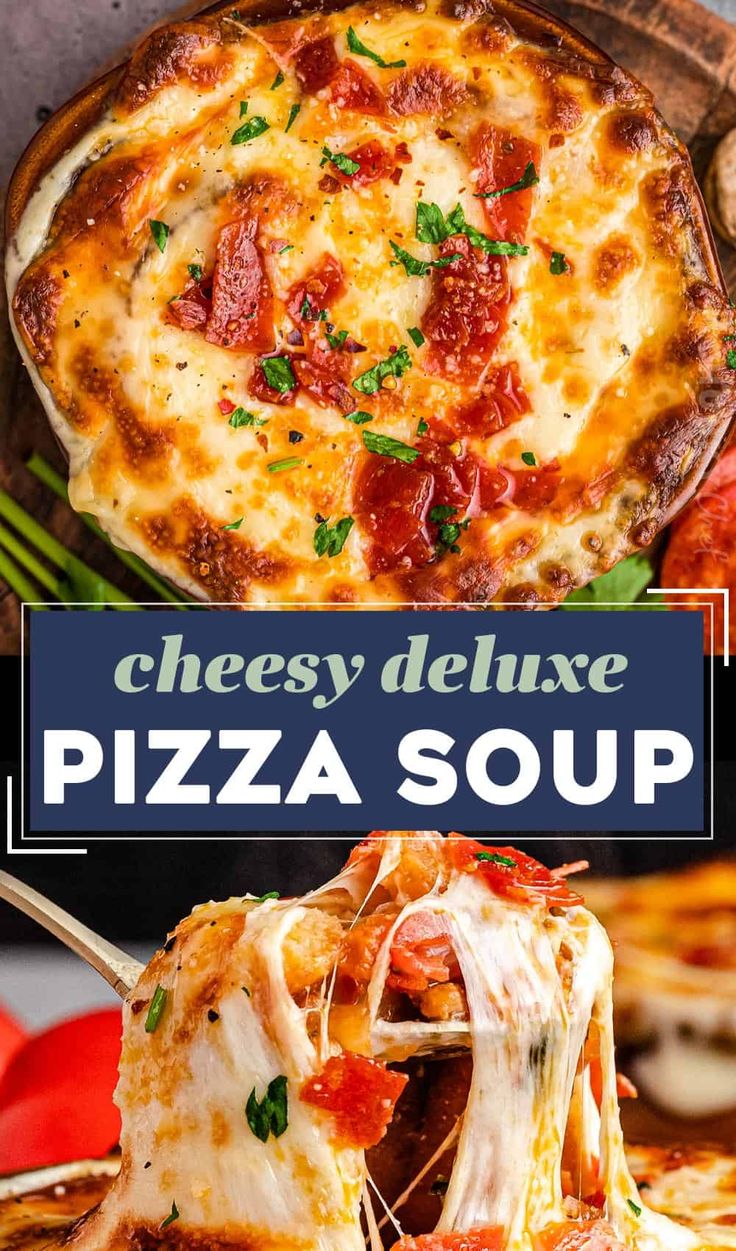 the cheesey deluxe pizza soup is ready to be eaten and served on a platter