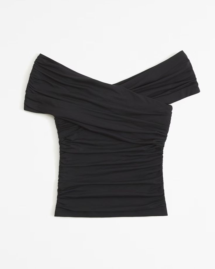 Women's Off-The-Shoulder Ruched Wrap Top | Women's Tops | Abercrombie.com Ruched Top With Stretch And Asymmetrical Neckline, Stretch Top With Ruched Asymmetrical Neckline, Ruched Draped Top In Elastane, Asymmetrical Neckline Top With Ruched Stretch, Asymmetrical Neckline Top With Ruched Detail, Ruched Draped Elastane Top, Summer Tops With Ruched Sides And Elastane, Chic Draped Elastane Tops, Ruched Off-shoulder Fitted Top