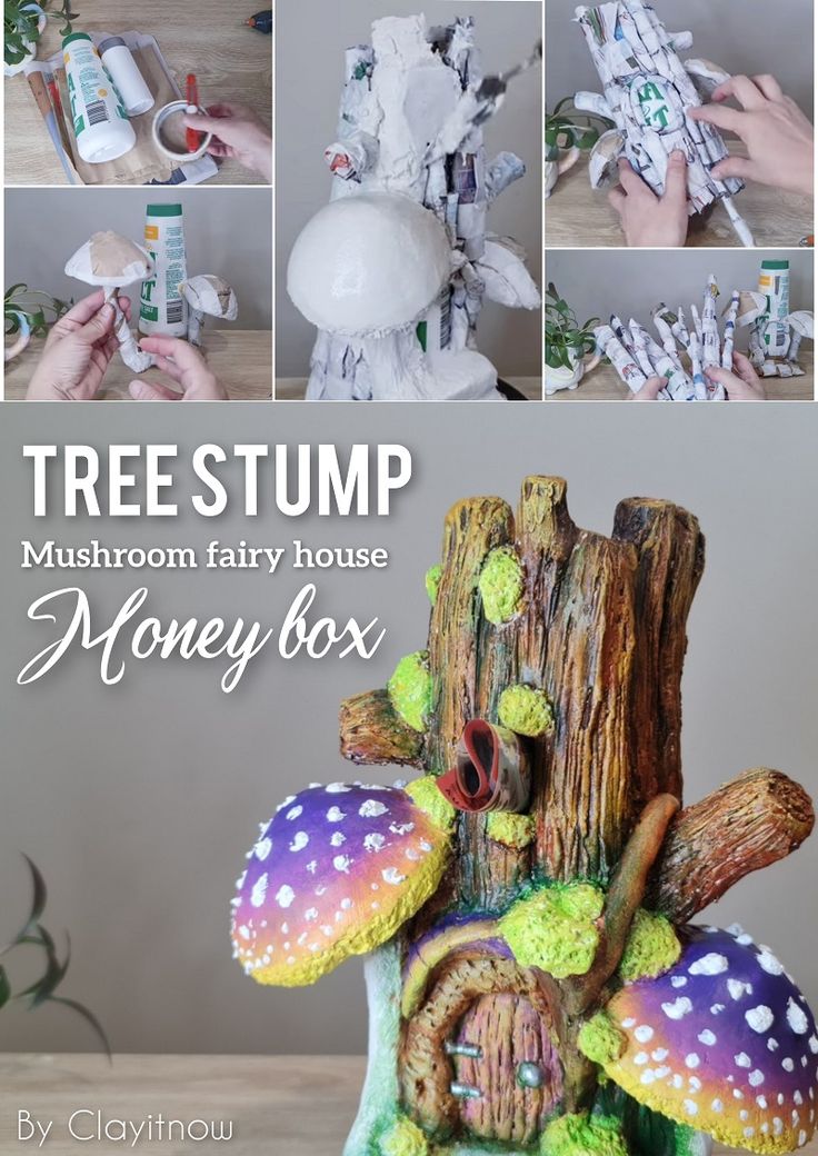 the mushroom fairy house is made out of tree stumps and other things to make it look