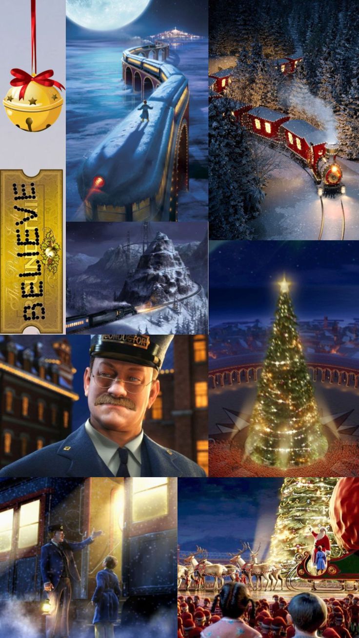 a collage of christmas scenes with santa and his sleigh in the sky