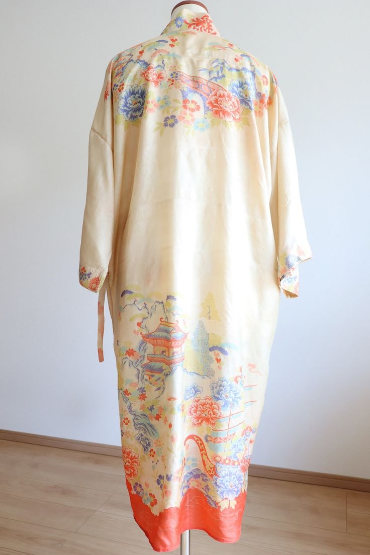 Antique 1920s Floral Pongee Silk Robe - Etsy Long Silk Robe For Daywear, Vintage Long Summer Robe, Long Vintage Robe For Daywear, Vintage Long Robe For Daywear, Vintage Spring Robe For Home, Vintage Silk Kimono For Summer, Luxury Vintage Ceremonial Kimono, Vintage Printed Long Sleeve Kimono, Summer Vintage Silk Kimono