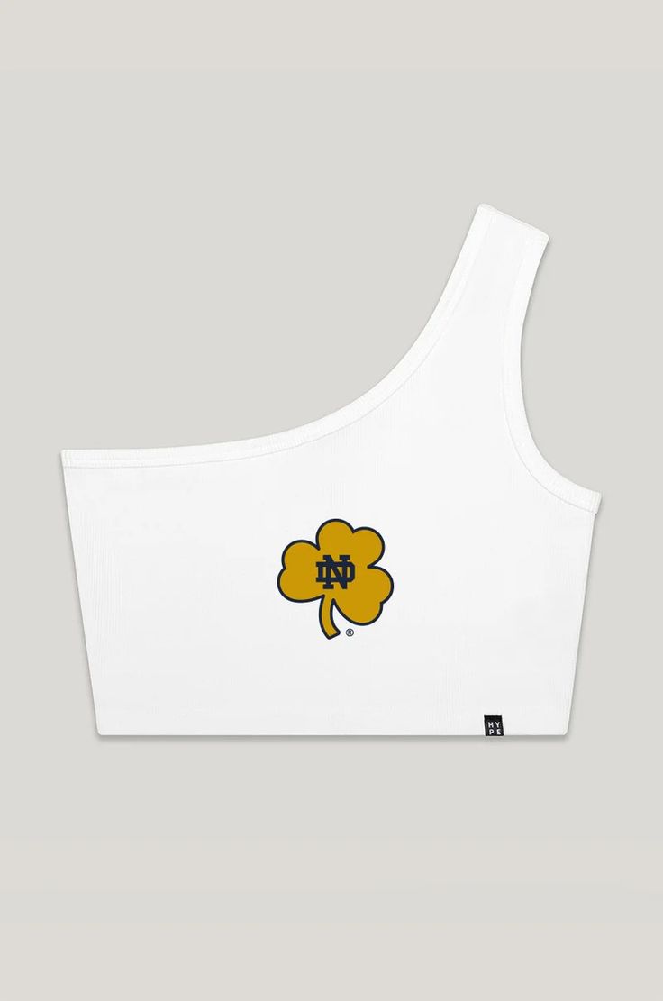 Notre Dame University Senior Top Trendy Stretch Cotton One Shoulder Top, Casual One-shoulder Cotton Tank Top, Casual Cotton One-shoulder Tank Top, Trendy Stretch Cotton One-shoulder Top, Trendy Cotton One-shoulder Top, White Stretch One Shoulder Casual Top, Casual White One-shoulder Crop Top, Spring Sports Event Tops, Notre Dame University