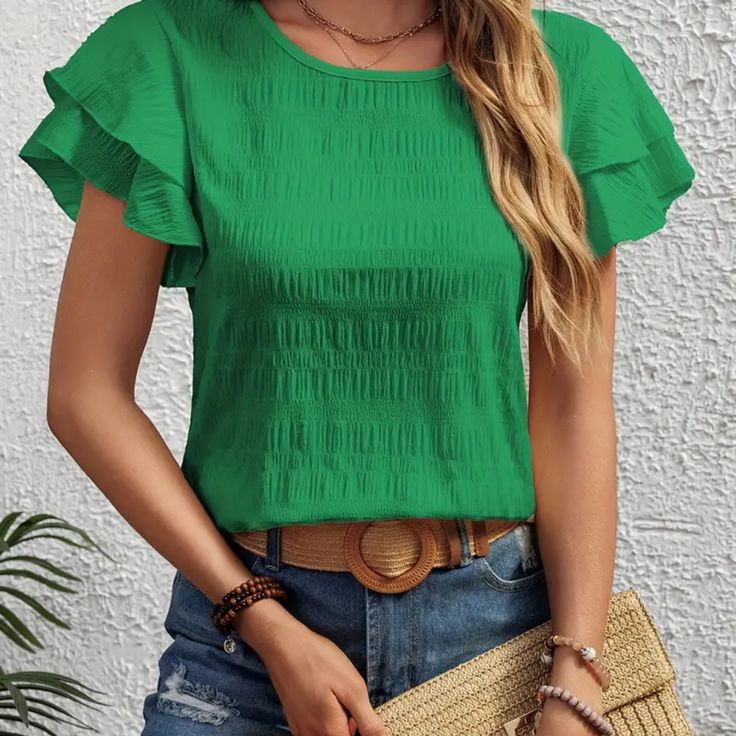 Size Medium Crew Neck Blouse With Casual Layered Ruffled Sleeves Chic Non-stretch Green Blouse, Summer Tops With Ruffle Sleeves In Solid Color, Summer Solid Color Tops With Ruffle Sleeves, Chic Crew Neck Tops With Ruffle Hem, Summer Ruffle Sleeve Tops In Solid Colors, Solid Color Ruffled Tops For Summer, Solid Tops With Ruffles For Summer, Solid Ruffled Tops For Summer, Non-stretch Ruffled Short Sleeve Tops