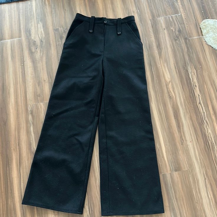 Black Wool Sonia Pants. Never Worn. Too Small Black High Waist Wide Leg Pants For Work, Black Wide Leg Pants With Belt Loops For Work, High Waist Black Wide Leg Pants For Office, Black Dress Pants With Pockets For Fall, Black High Waist Wide Leg Pants For Business Casual, High Waist Black Dress Pants With Pockets, Black Bottoms With Belt Loops For Business Casual, Black Wide Leg Pants With Belt Loops For Office, Black High Waist Dress Pants For Spring