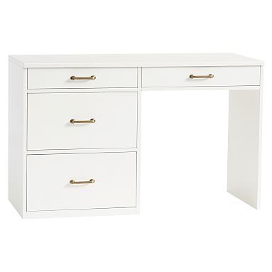 a white desk with three drawers and two gold handles on the top, against a white background