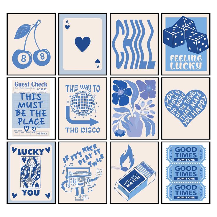 six different blue and white greeting cards with words, symbols, and pictures on them