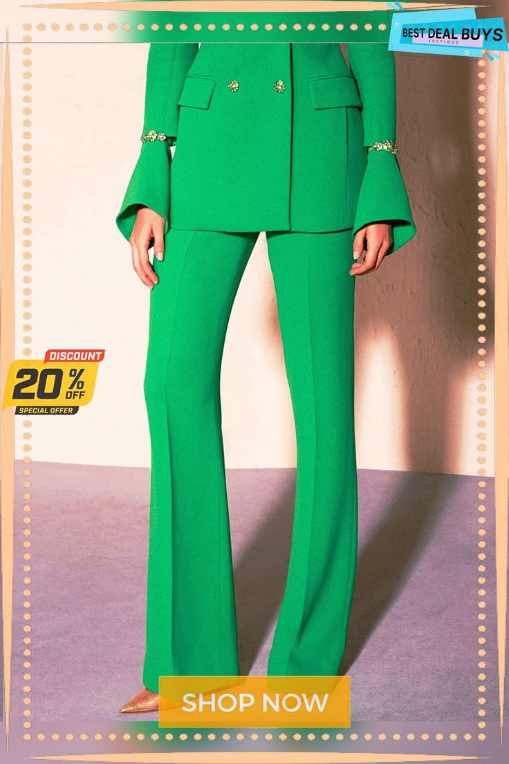 Plain Regular Fit Elegant Fashion Pants Spring Stretch Full-length Pantsuit, Spring Stretch Full Length Pantsuit, Tailored Wide Leg Green Bottoms, Green Tailored Wide Leg Bottoms, Party Pants With Pockets, Tailored High-waisted Green Pants, Green Tailored High-waisted Pants, Tailored High-waisted Green Bottoms, Tailored Green High-waisted Pants