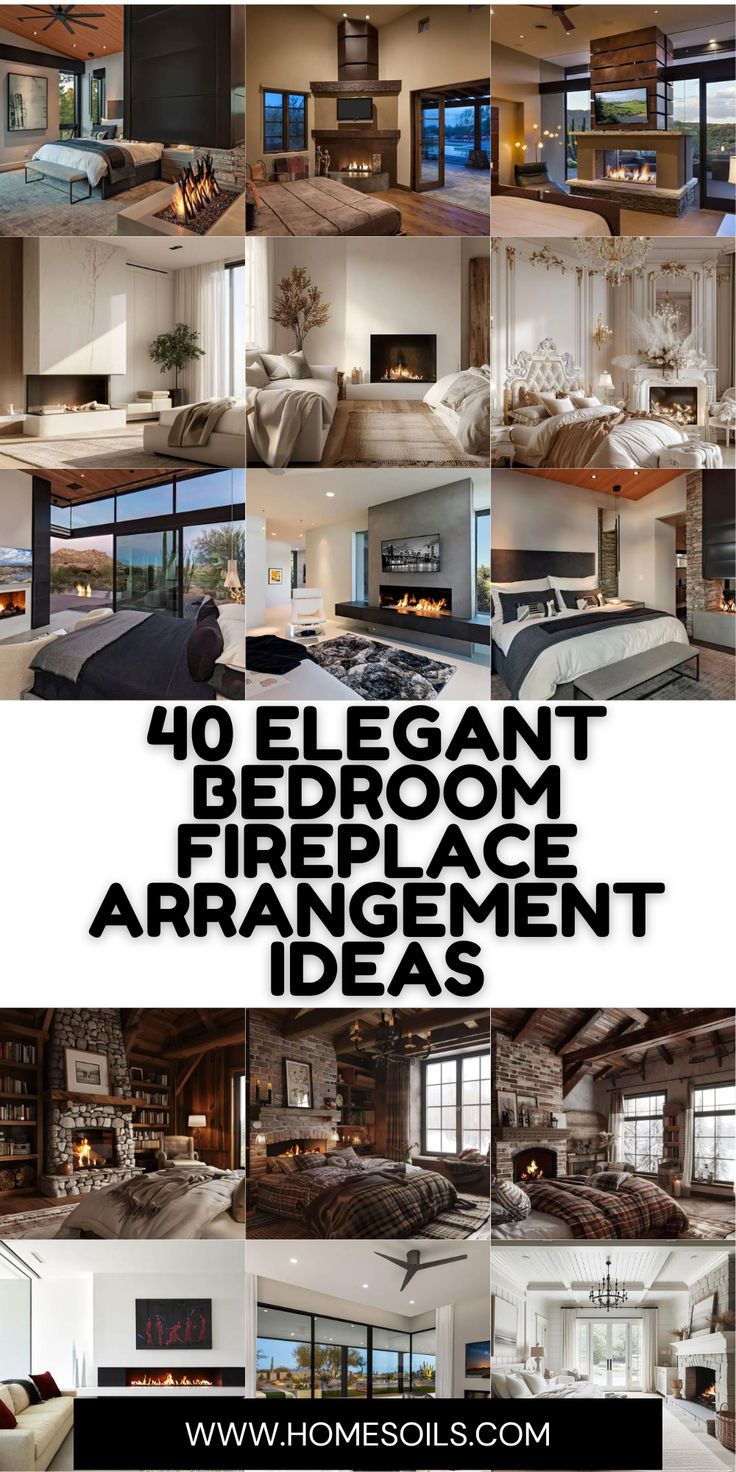 four different images with the words elegant bedroom and fireplace arrangement ideas in black and white