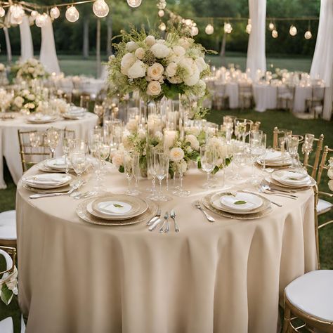 the table is set with white flowers and place settings for an elegant dinner or reception