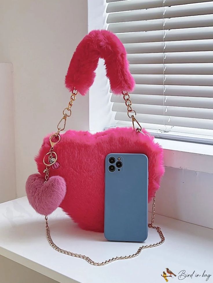 BirdinBag - Charming Heart-Shaped Fluffy Novelty Bag with Bag Charm Plain Style, Novelty Bags, Olivia Mark, Michael Kors Jet Set, Chain Strap, Top Handle, Fashion Bags, Heart Shapes, Hot Pink