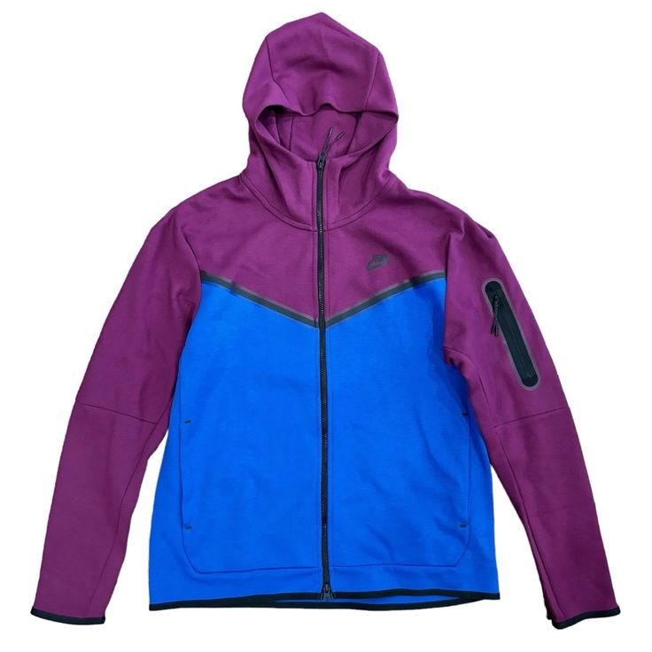 Brand New With Tags Purple Sportswear Sweatshirt For Sports, Blue Fleece Sportswear Outerwear, Purple Hoodie With Pockets For Streetwear, Purple Streetwear Outerwear With Drawstring Hood, Purple Drawstring Hood Outerwear For Streetwear, Purple Outerwear With Drawstring Hood For Streetwear, Purple Hooded Hoodie With Pockets, Blue Sportswear Hooded Winter Jacket, Blue Track Jacket With Drawstring Hood For Fall