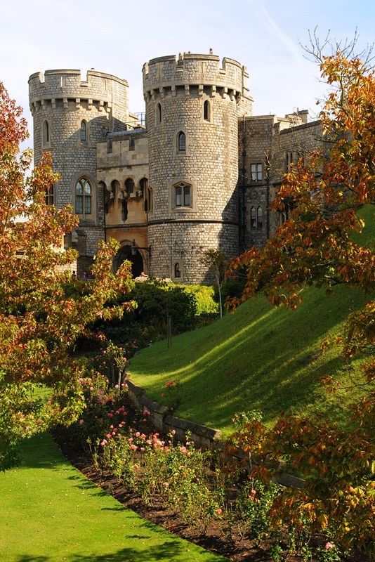 an old castle is surrounded by trees and grass