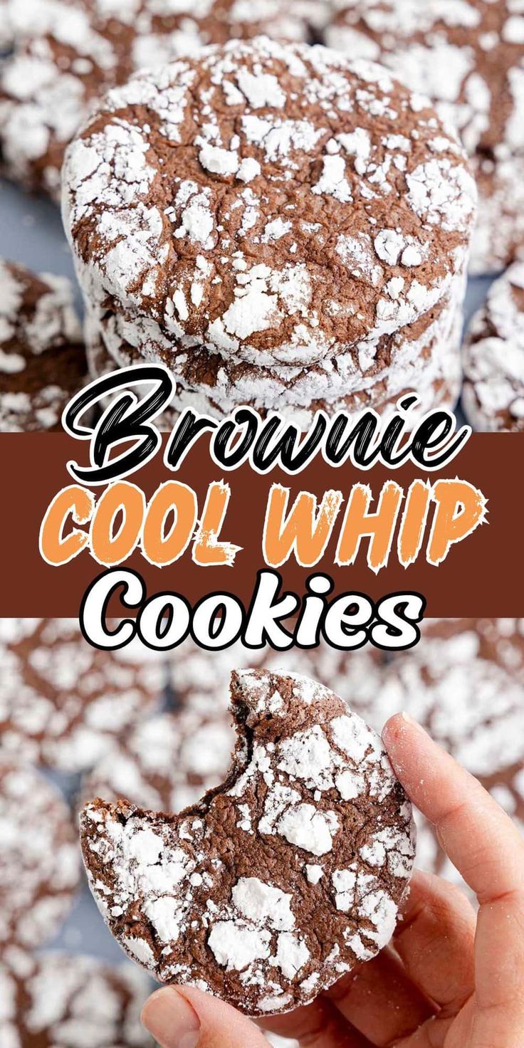 brownie cookies with powdered sugar on top and the title above reads, browne cool whip cookies