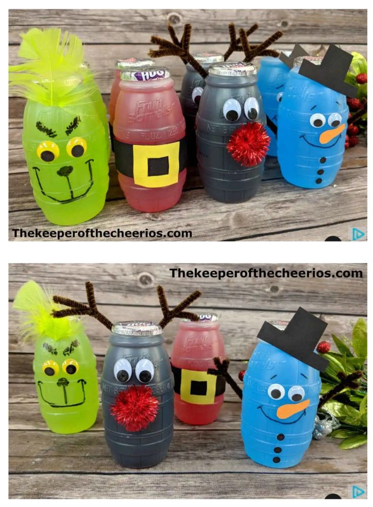 some plastic bottles with faces and noses painted on them