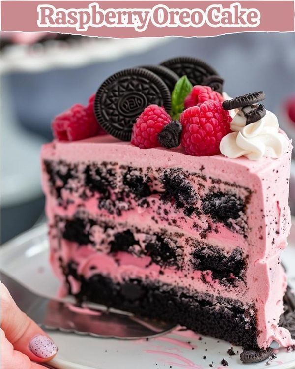 a close up of a slice of cake on a plate with raspberry and oreo cake in the background