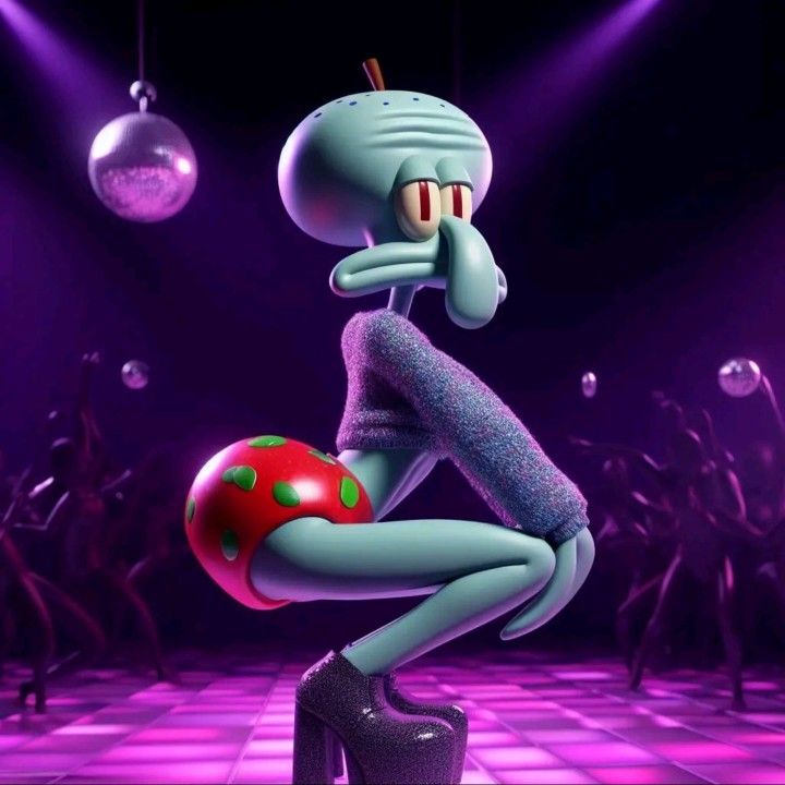 a cartoon character sitting on top of a ball in the middle of a dance floor