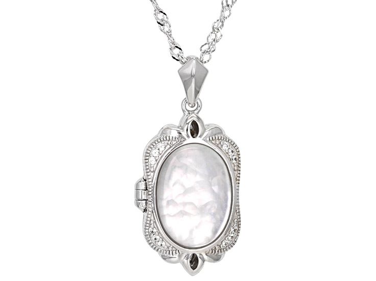 White Mother-of-Pearl Doublet with 0.08ctw White Zircon Rhodium Over Sterling Silver Locket Pendant w/Chain. Pendant measures approximately 1 1/8" L x 5/8" W and has a 1.5mm bail. Singapore chain measures approximately 18 inches in length, 1/32 of an inch in width with a lobster claw clasp closure and a 2-inch extender. Colors, shapes, and sizes may vary. Accent stones primarily zircon. White Engraved Necklace For Formal Occasions, Formal White Engraved Necklace, Oval Pearl Jewelry For Wedding, Oval Pearl Wedding Jewelry, Silver Locket Jewelry For Formal Occasions, Silver Locket Necklace For Formal Occasions, Vintage White Jewelry With Elegant Design, Elegant White Locket Necklace For Anniversary, Silver Oval Pearl Drop Necklace