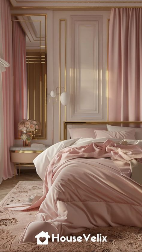 a bed with pink sheets and pillows in a room that has gold trim on the walls