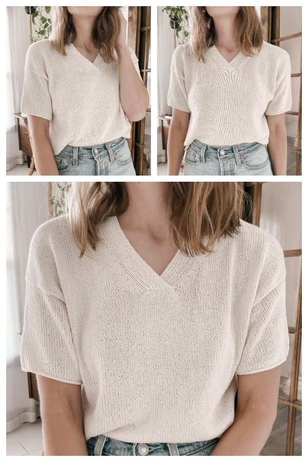 three photos of a woman wearing a white sweater and denim shorts with her hands in her pockets