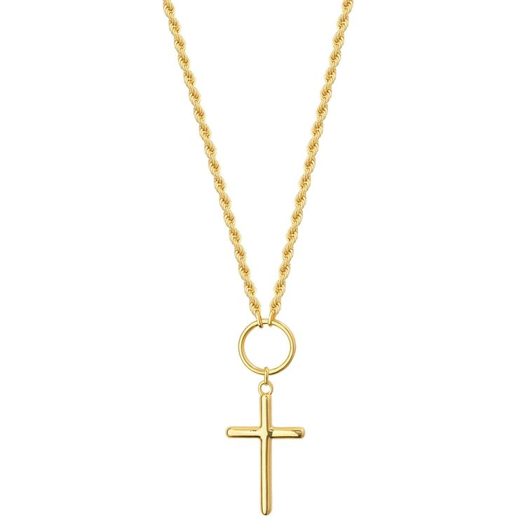 Olas d'Oro 20 Necklace - 14K Yellow. Gold Cross Drop Adjustable Necklace on Rope Chain Gold Plated Adjustable Chain With Cross Pendant, Gold Plated Cross Pendant Jewelry With Adjustable Chain, Yellow Gold Plated Jewelry With Rope Chain, Gold-tone Rope Chain Jewelry For Formal Occasions, 14k Yellow Gold Cross Necklace With Adjustable Chain, Gold Plated Cross Pendant Necklace With Gold Chain, 14k Gold Clavicle Chain Necklace With Cross Pendant, 14k Gold Clavicle Chain With Cross Pendant, Classic Cross Pendant Jewelry With Adjustable Chain